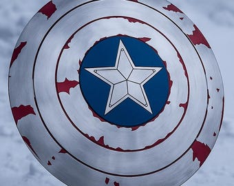 Battle Damaged Captain America Shield: Aluminum & Leather, 22 inch Cosplay Prop