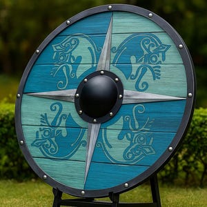 May include: A round wooden shield with a black metal rim and a central boss. The shield is painted in shades of blue and teal, with a compass design and stylized animal figures. It is mounted on a black stand and set on a grassy lawn.