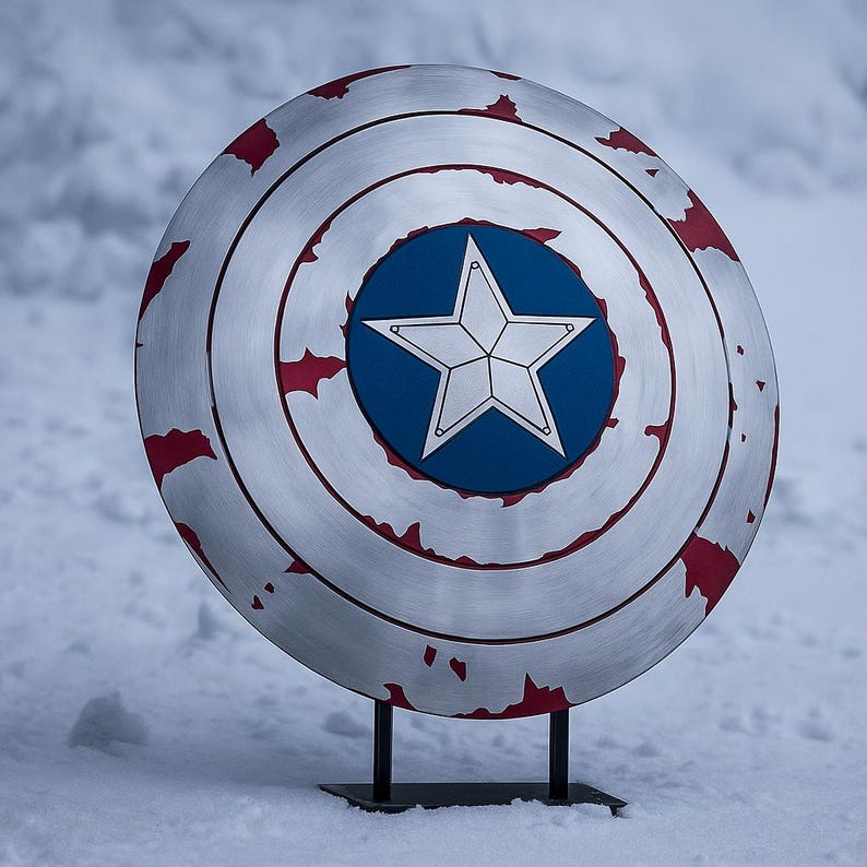 Puede incluir: Un escudo circular plateado con anillos conc&eacute;ntricos y detalles rojos. Un c&iacute;rculo azul en el centro presenta una estrella blanca de cinco puntas. El escudo se exhibe sobre un soporte negro, sobre un fondo nevado.
