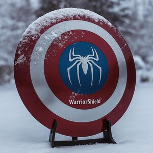 Puede incluir: Un escudo circular rojo, blanco y azul, con un emblema de ara&ntilde;a plateada sobre un disco central azul. El escudo, con el texto "WarriorShield", se exhibe en la nieve.