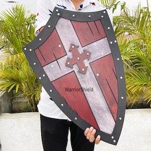 Handcrafted Templar Shield: Medieval Knight Red Cross, Cosplay Decor (17x27 Inches)