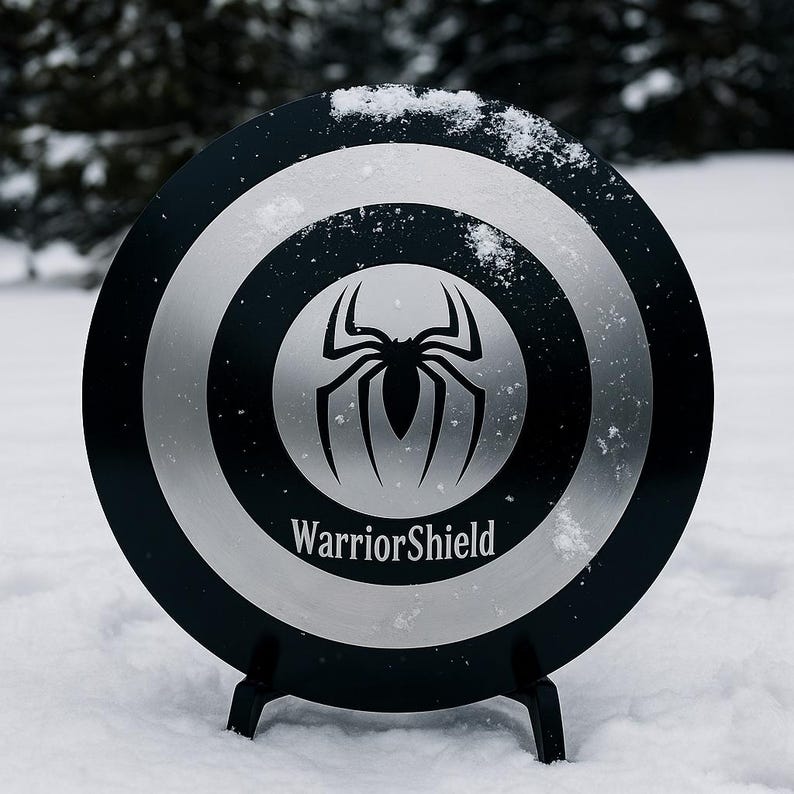 Puede incluir: Un escudo negro y plateado con un emblema de ara&ntilde;a y el texto "WarriorShield". El escudo circular, con anillos conc&eacute;ntricos, est&aacute; sobre un soporte negro en la nieve.