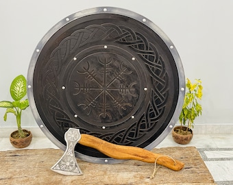 Medieval Viking Shield: Helm of Awe Carved Wood & Aluminum