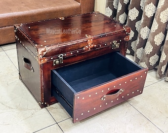 Handgefertigter Leder Couchtisch Stamm Luxus Leder Kastanienbrauner Stammtisch