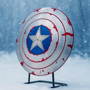 Puede incluir: Un escudo plateado y rojo con un c&iacute;rculo azul y una estrella blanca en el centro. El escudo tiene una apariencia desgastada y da&ntilde;ada por la batalla. Se apoya en un soporte de metal negro en la nieve.