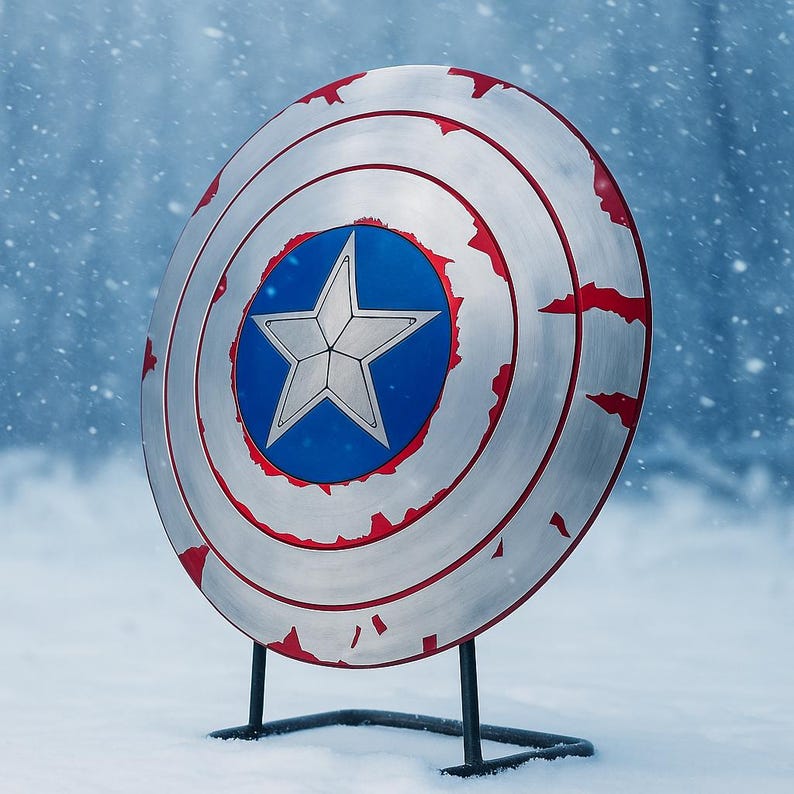 Puede incluir: Un escudo plateado y rojo con un c&iacute;rculo azul y una estrella blanca en el centro. El escudo tiene una apariencia desgastada y da&ntilde;ada por la batalla. Se apoya en un soporte de metal negro en la nieve.