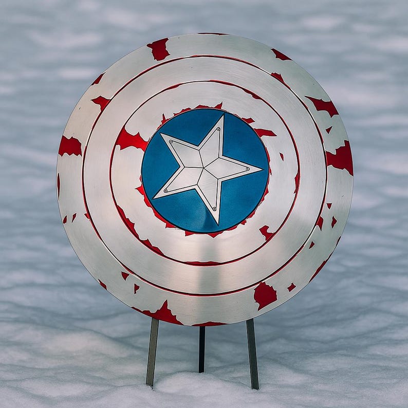 Puede incluir: Un escudo plateado con una estrella azul y blanca en el centro, rodeado de c&iacute;rculos conc&eacute;ntricos y detalles rojos. El escudo est&aacute; apoyado en un soporte met&aacute;lico, sobre un fondo nevado.