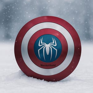 Puede incluir: Un escudo redondo con un dise&ntilde;o rojo y plateado, con un centro azul con un emblema de ara&ntilde;a blanco. El escudo est&aacute; en la nieve. El texto "WarriorShield" est&aacute; en la parte inferior del escudo.