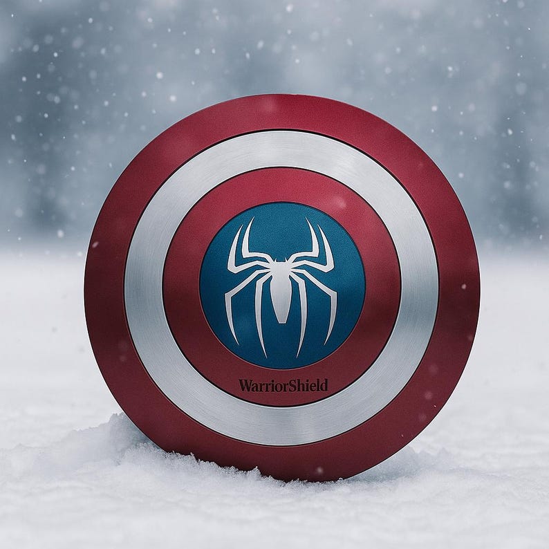 Puede incluir: Un escudo redondo con un dise&ntilde;o rojo y plateado, con un centro azul con un emblema de ara&ntilde;a blanco. El escudo est&aacute; en la nieve. El texto "WarriorShield" est&aacute; en la parte inferior del escudo.