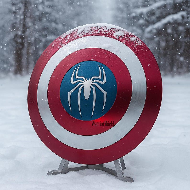 Puede incluir: Un escudo rojo, blanco y azul con un emblema de ara&ntilde;a plateada en un centro azul. El escudo est&aacute; apoyado en la nieve, con el texto "WarriorShield" visible en la parte inferior.