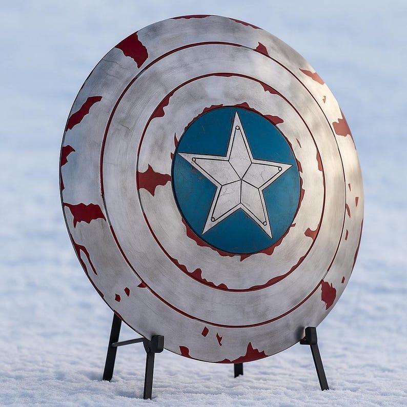 Puede incluir: Un escudo plateado y rojo con un centro azul que presenta una estrella blanca. El escudo tiene una apariencia desgastada con detalles rojos en los bordes y c&iacute;rculos conc&eacute;ntricos. Se apoya en un soporte negro, sobre un fondo nevado.
