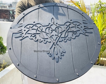 Handgemachter Wikinger-Schild: Eivor Valhalla Raven Design, 60cm