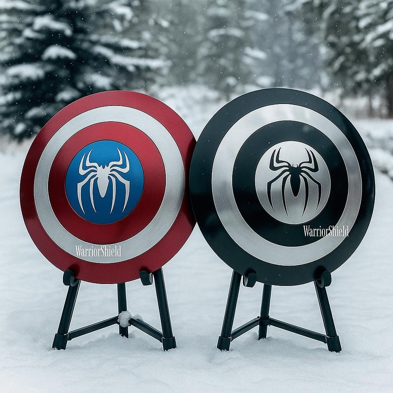 Puede incluir: Dos escudos redondos, uno rojo y plateado con un centro azul y un emblema de ara&ntilde;a, el otro negro y plateado con un emblema de ara&ntilde;a. Ambos tienen el texto "WarriorShield" y se exhiben sobre soportes negros en un entorno nevado.