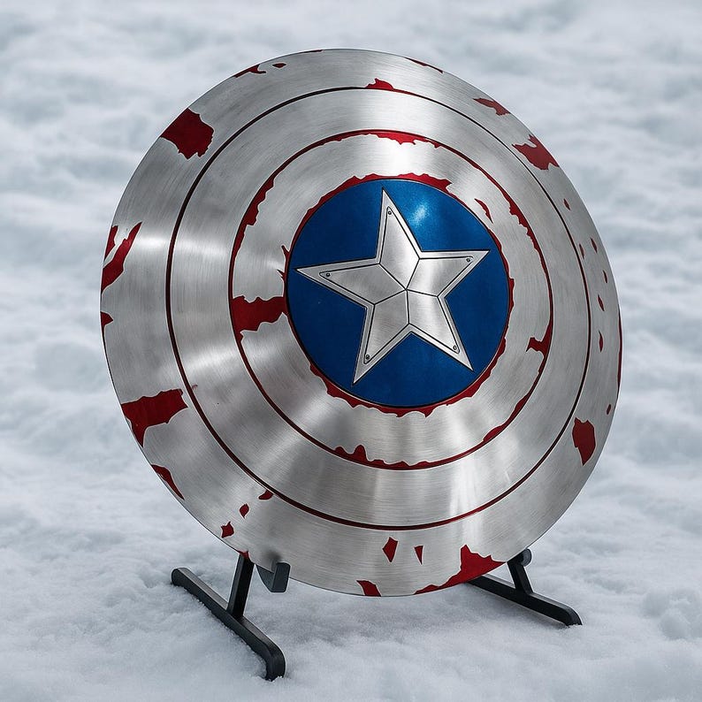 Puede incluir: Un escudo circular plateado con un centro azul que presenta una estrella blanca. El escudo tiene detalles en rojo alrededor de los bordes y se muestra sobre un soporte negro. R&eacute;plica del escudo de un superh&eacute;roe.