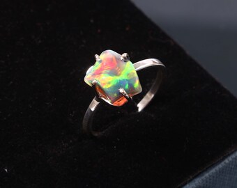 Natural Ethiopian Opal Ring Opal Rough Ring Raw Opal Ring Gift Ring08 Opal Polished Rough Ring 925 Sterling Silver Oxidized Black Polish