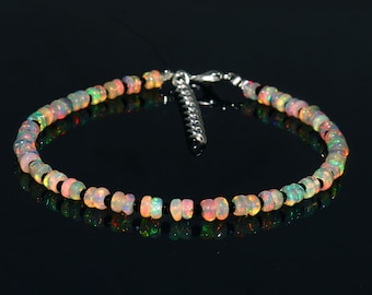 AAA+++ Grade Ethiopian Welo Opal Bracelet, Natural Ethiopian Welo Fire Opal Bracelet 7 Inches, Opal And Black Spinal Rondelle Beads Bracelet