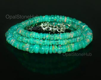 Natural Green Ethiopian Opal Beads Necklace, Green Opal Beads Necklace, Opal Necklace 16 Inch, Fire Opal Necklace, 3 To 5 MM Beads Size