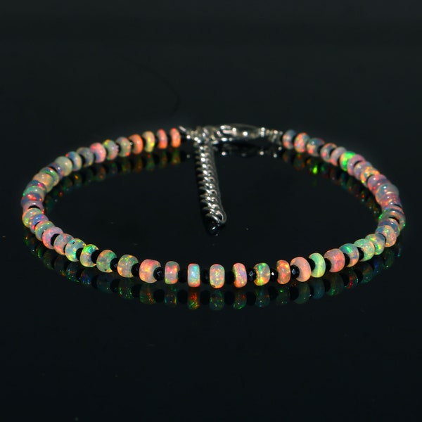 AAA+++ Grade Ethiopian Welo Opal Bracelet, Natural Ethiopian Welo Fire Opal Bracelet 7 Inches, Opal And Black Spinal Rondelle Beads Bracelet
