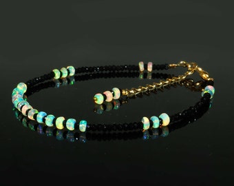 AAA+++ Grade Ethiopian Welo Opal Bracelet, Natural Ethiopian Welo Fire Opal Bracelet 7 Inches, Opal And Black Spinal Rondelle Beads Bracelet