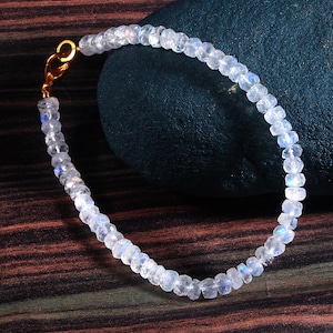 AAA++ Natural Rainbow Moonstone Gemstone Rondelle Faceted Beaded Bracelet 7 Inch 4.5  MM, Genuine Blue Fires Gemstone
