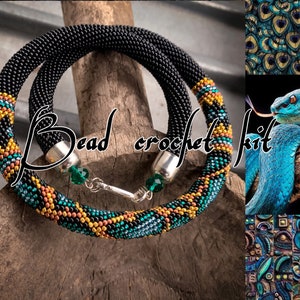 KIT to Make Black Bead Crochet necklace - Azure blue snake pattern - Jewelry making Adult Craft - diy Rope Jewelry Beadweaving Crafter Gift