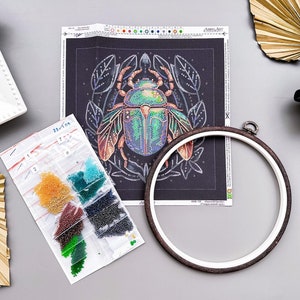 DIY Emerald Scarab Bead Embroidery Kit Green Beetle Art Canvas, Insect Embroidery DIY Beaded Bug Needlepoint Craft, Beading Kit Wall Decor