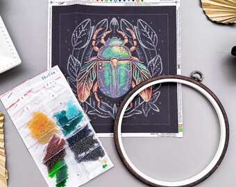 Kit de broderie DIY Scarabée Émeraude avec perles, Toile Art Scarabée Vert, Broderie Insecte DIY, Kit de perles pour décoration murale