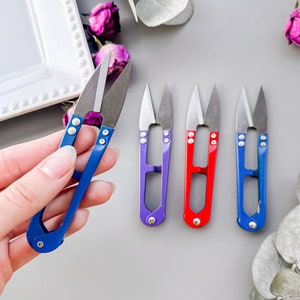 May include: Four small scissors with blue and red handles. The scissors are on a gray surface with dried flowers and leaves.