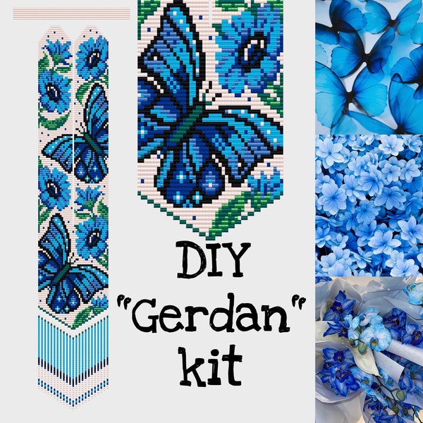 Kit de bricolaje para hacer Blue Butterfly Gerdan - tutorial de collar de telar dividido con cuentas de flores azules - patrón de collar de telar de cuentas - kit de fabricación de joyas