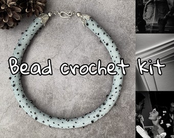 DIY-Set zum Häkeln einer matten grauen Perlenkette mit schwarzen Kristallperlen – Häkelanleitung für Perlen – Häkelset für Schmuck aus Rocailles – Bastelidee für Erwachsene