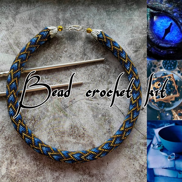 KIT to Make Bead Crochet Azure blue dragon skin necklace + bracelet - Jewelry making Adult Craft - diy Rope Jewelry Beadweaving Crafter Gift