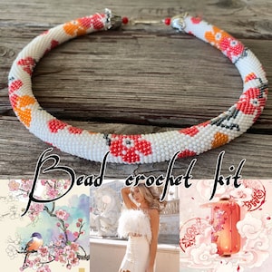 KIT to Make Sakura Bead Crochet rope pattern - White Crochet Seed beaded necklace - diy flowers print Jewelry making KIT - diy necklace