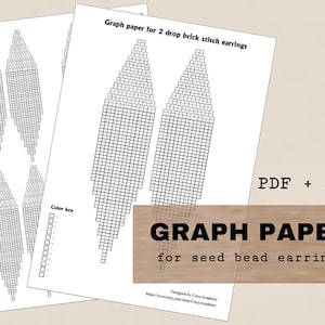 Puede incluir: Papel cuadriculado para crear pendientes de cuentas de semillas. El papel está dividido en cuadrados e incluye una clave de colores. El texto "Graph paper for 2 drop brick stitch earrings" y "PDF + PNG" es visible en el papel.