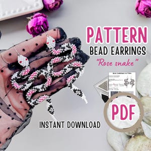 May include: A digital download pattern for beaded earrings in the shape of a snake. The snake is black, white, and pink. The pattern is called "Rose Snake" and is available as a PDF download.