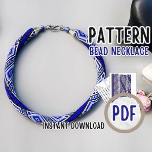 May include: A blue and white beaded necklace pattern in PDF format. The pattern features a geometric design with black accents. The necklace is shown on a white background with the text "PATTERN BEAD NECKLACE" and "INSTANT DOWNLOAD".