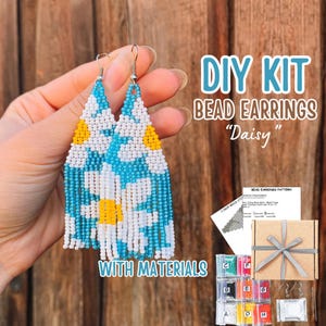 DIY Kit Summer white daisy Fringe Earrings, Beaded Blue rustic floral daisy Earrings Pattern, boho easy Bead Jewelry Making Craft tutorial