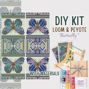 May include: DIY kit for loom and peyote beading with a butterfly design. The kit includes beads, thread, and a loom. The kit is packaged in a brown box with a white ribbon.