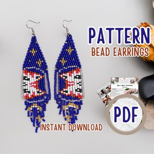 May include: A pair of beaded earrings with a blue, red, white, and gold geometric pattern. The earrings are triangular in shape with a fringe at the bottom. The image also includes the text "PATTERN BEAD EARRINGS" and "INSTANT DOWNLOAD".
