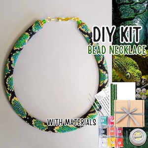 May include: A DIY bead necklace kit. The necklace is a tube of green, blue, and black beads. The kit includes beads, needles, and instructions. The text "DIY KIT BEAD NECKLACE WITH MATERIALS" is visible.