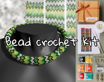 DIY Green American Beadwork Necklace kit, Bead crochet necklace KIT, DIY seed bead jewelry, Craft kit adults, Beading kit, Necklace pattern