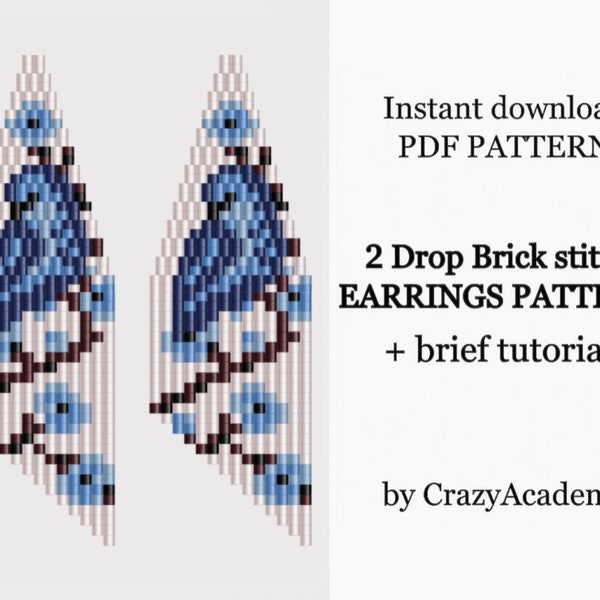 PDF Pattern for earrings with blue bird, Brick stitch pattern, Fringe beaded earrings pattern, inspired by folk art, birds flowers pattern