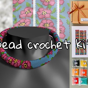 KIT to Make Bead Crochet Rustic style flowers rope necklace, pink floral Crochet Seed beaded rope, crochet necklace making, Adult Craft