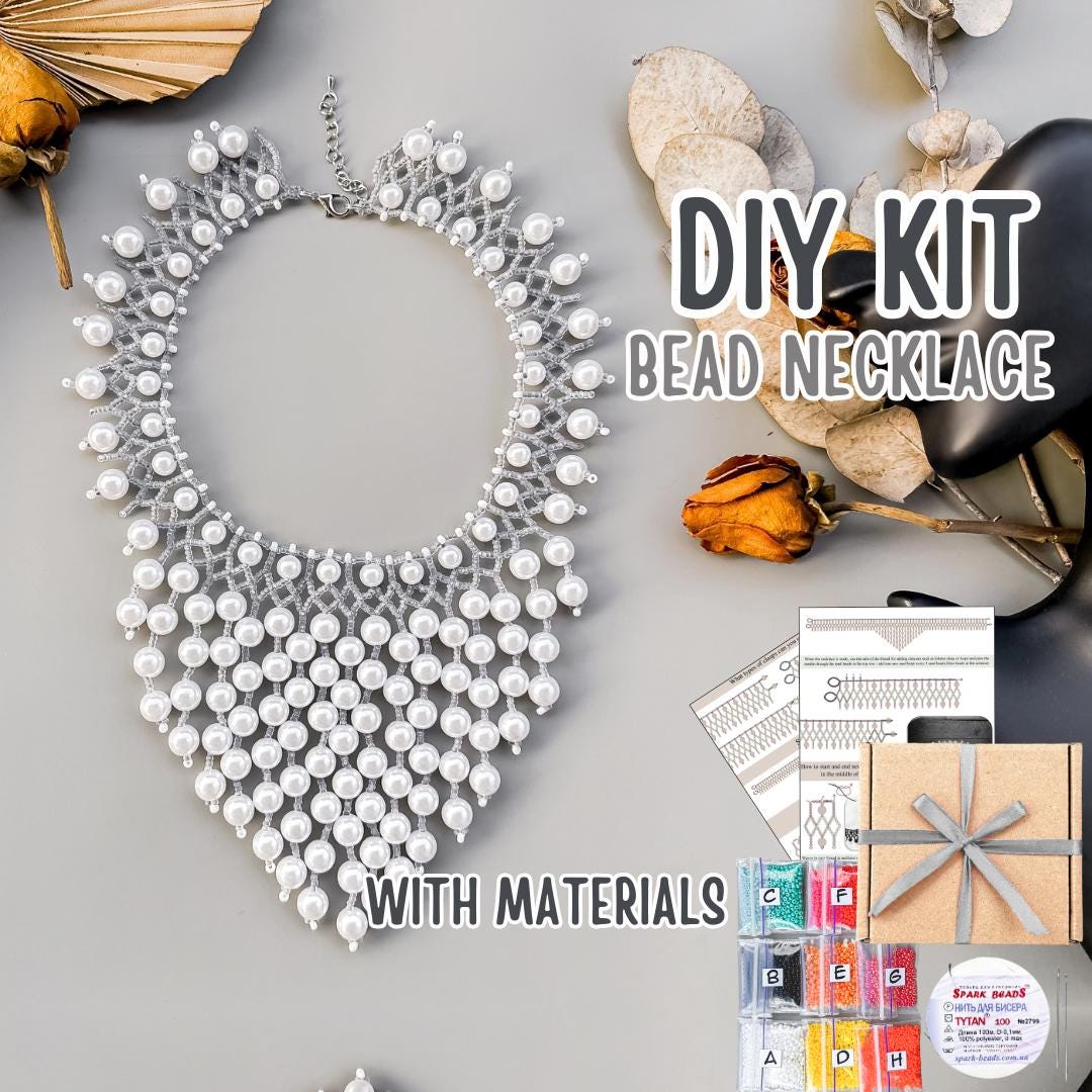 DIY White Beaded Collar Necklace Kit, Elegant Handcrafted Jewelry