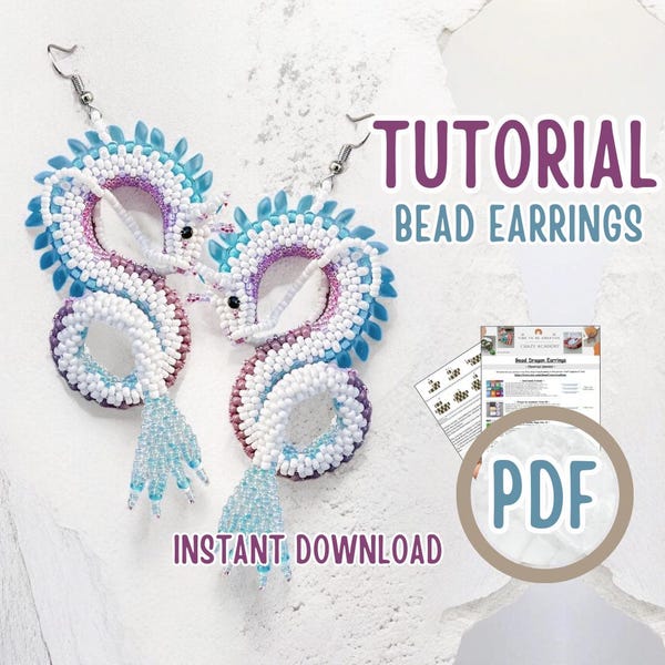 PDF White Blue Dragon Bead Earrings Pattern, Big Japanese Dragon Jewelry Tutorial, Reptile Beading Craft for Adults