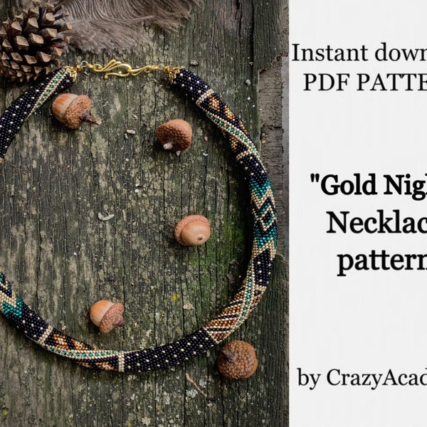 PDF Gold Night Halskettenmuster, Perlenhäkelseil, Dunkelblaues Häkelperlenmuster, Schmuckherstellung für Erwachsene, Anleitung zum Häkeln von Perlen