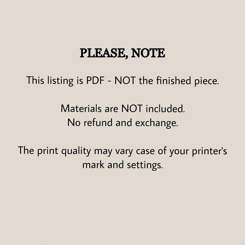 Może przedstawiać: Tekst na białym tle, kt&oacute;ry brzmi "PLEASE, NOTE" po kt&oacute;rym następuje "To ogłoszenie dotyczy pliku PDF - NIE gotowego produktu. Materiały NIE są wliczone w cenę. Nie ma możliwości zwrotu ani wymiany. Jakość wydruku może się r&oacute;żnić w zależności od ustawień drukarki."