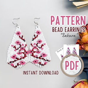 PDF Sakura flower Fringe Beading Earrings pattern, pink white flowers Earrings Pattern, Earrings making Craft, Brick stitch tutorial