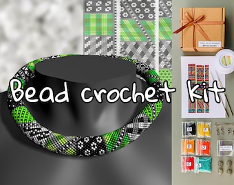 DIY Green flower Bead Crochet necklace kit - How to make seed bead necklace - Single Crochet beadweaving - Jewelry making beadwork pattern