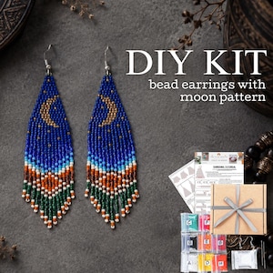 DIY Celestial Tribal Guldmåne Pärlörhängen Kit, Smyckestillverkningskit med Fröpärlor och Fransar, Boho Etniska Örhängen Hantverksset
