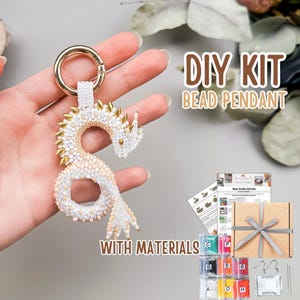DIY Dragon Beaded Keychain Kit, Gold White Dragon Pendant Bead Kit, Seed Bead Keychain Craft, Reptile Jewelry Making Kit Gift